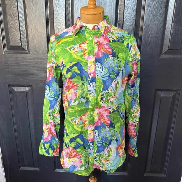 Ralph Lauren Karrie Floral Linen Shirt color multi green size S - Picture 5 of 13